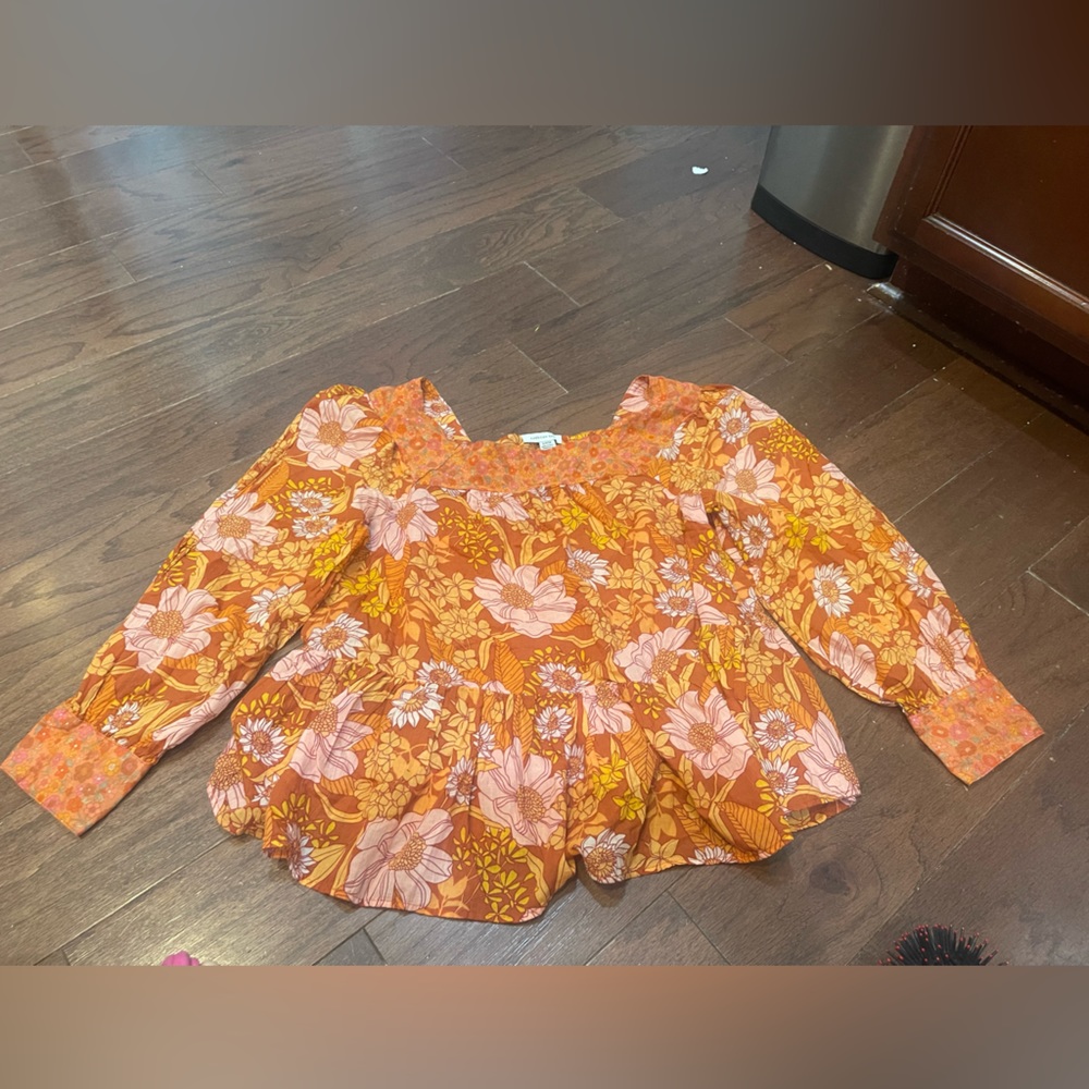 American Eagle BOHEMIAN Orange Yellow Print Blouse top Size Small